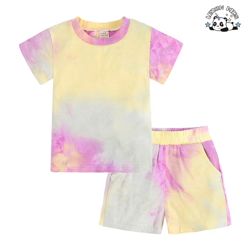 LEZONKIDS - Conjunto de Roupas Femininas de Manga Curta de Alta Qualidade, 2 Peças, Camiseta Tie-dye para Meninas de 2 a 14 anos